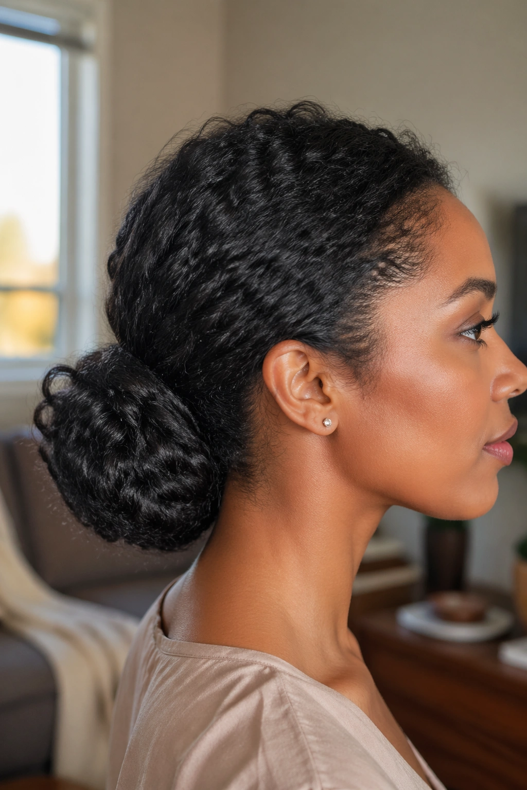 Close-up of a real woman with a voluminous stretch-set bun at the nape in a cozy living room