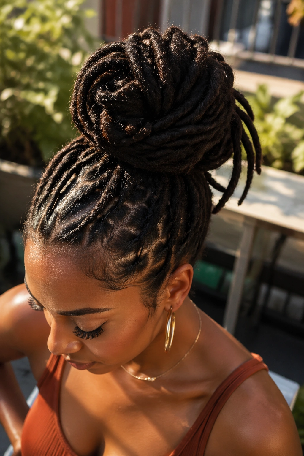 Close-up of real person with a voluminous topknot loc ponytail in natural light