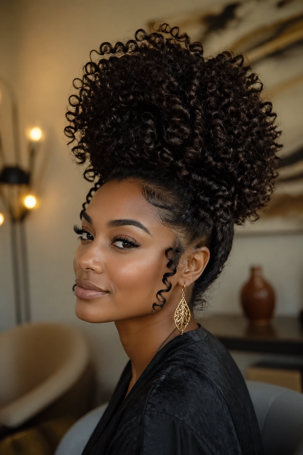 Portrait of a real woman with a tall voluminous curly updo occupying the frame.