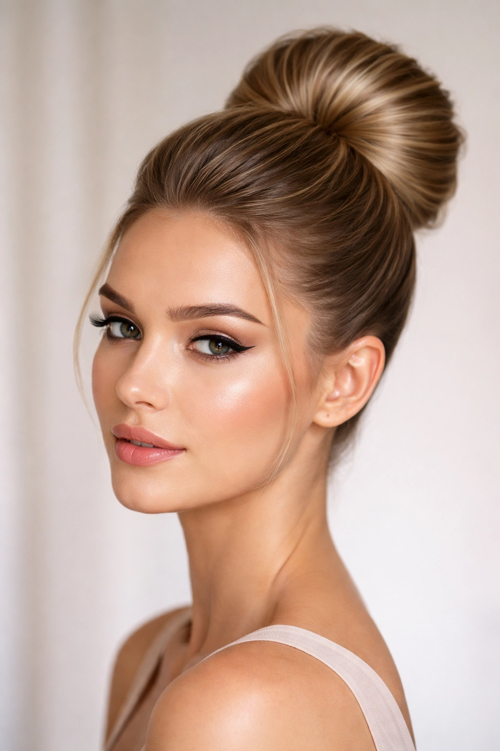 Sleek bun with a teased, volumized crown for a beehive-inspired silhouette