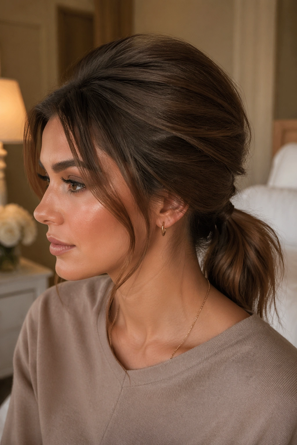 Close-up of a real woman with a volumized crown ponytail in soft indoor light
