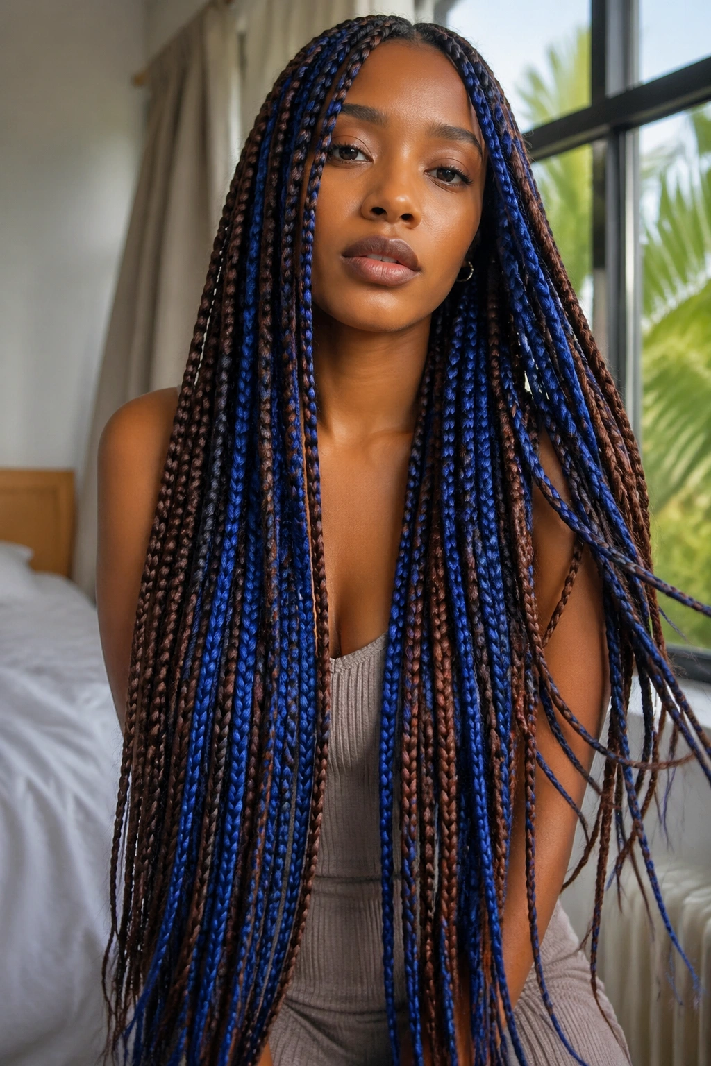 Real person with waist-length blue and brown box braids.