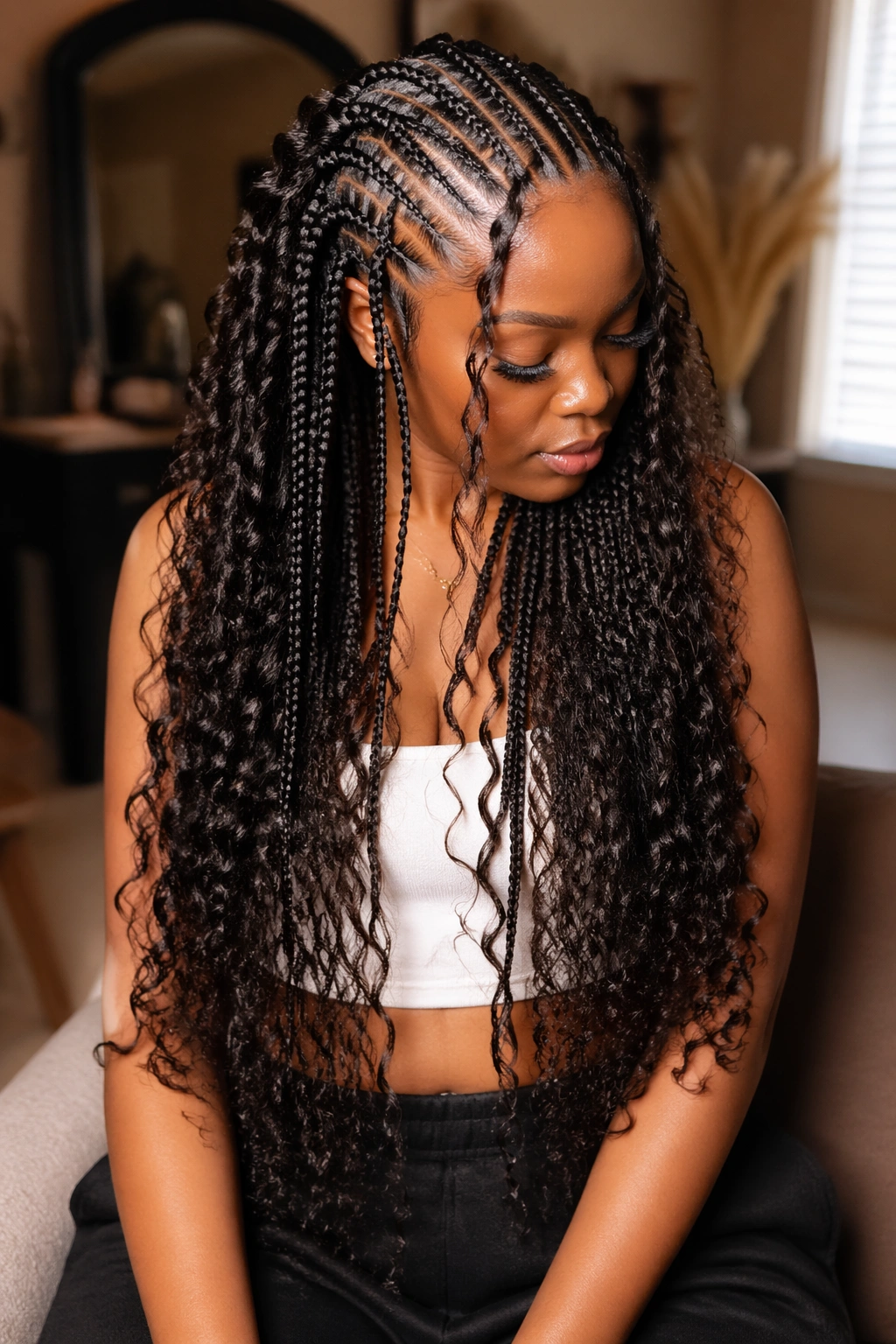 Real woman with waist-length bohemian box cornrows and long curls