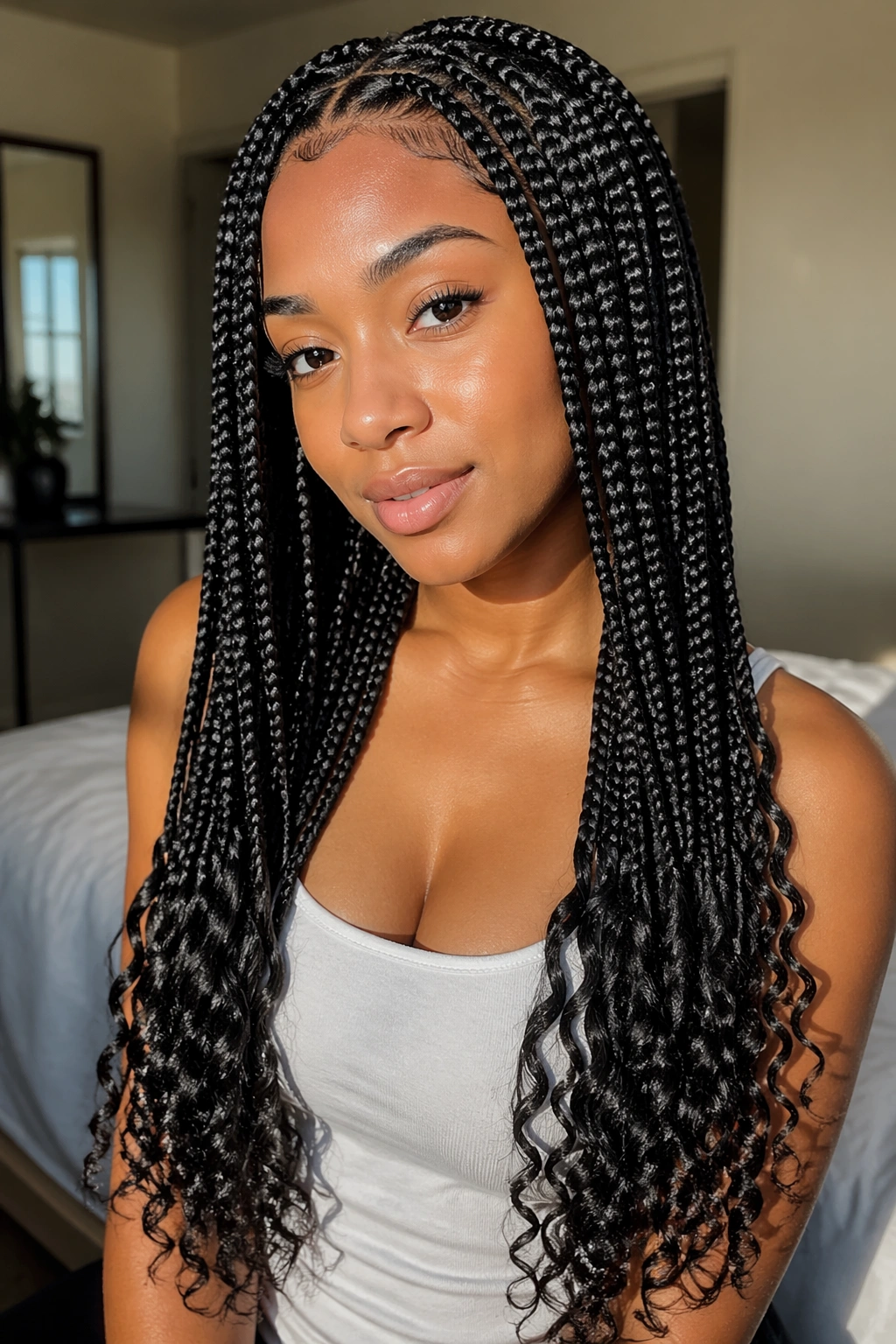Close-up of a real woman with waist-length box braids ending in soft spiral curls