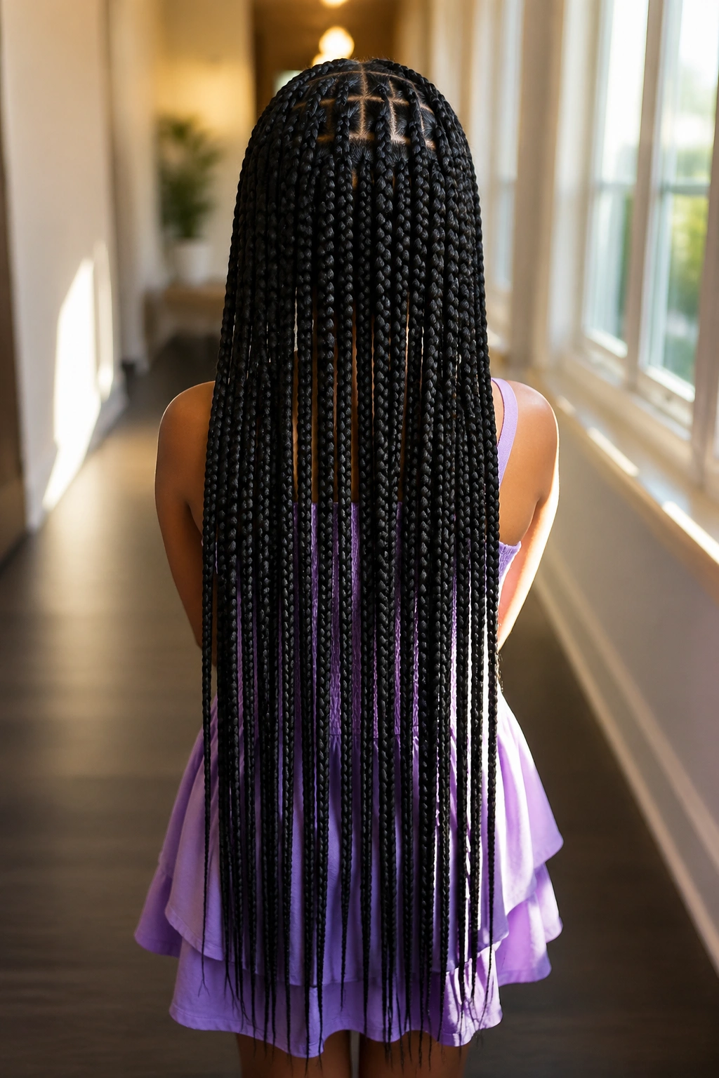 Back-of-head view of a girl with waist-length box braids in a hallway