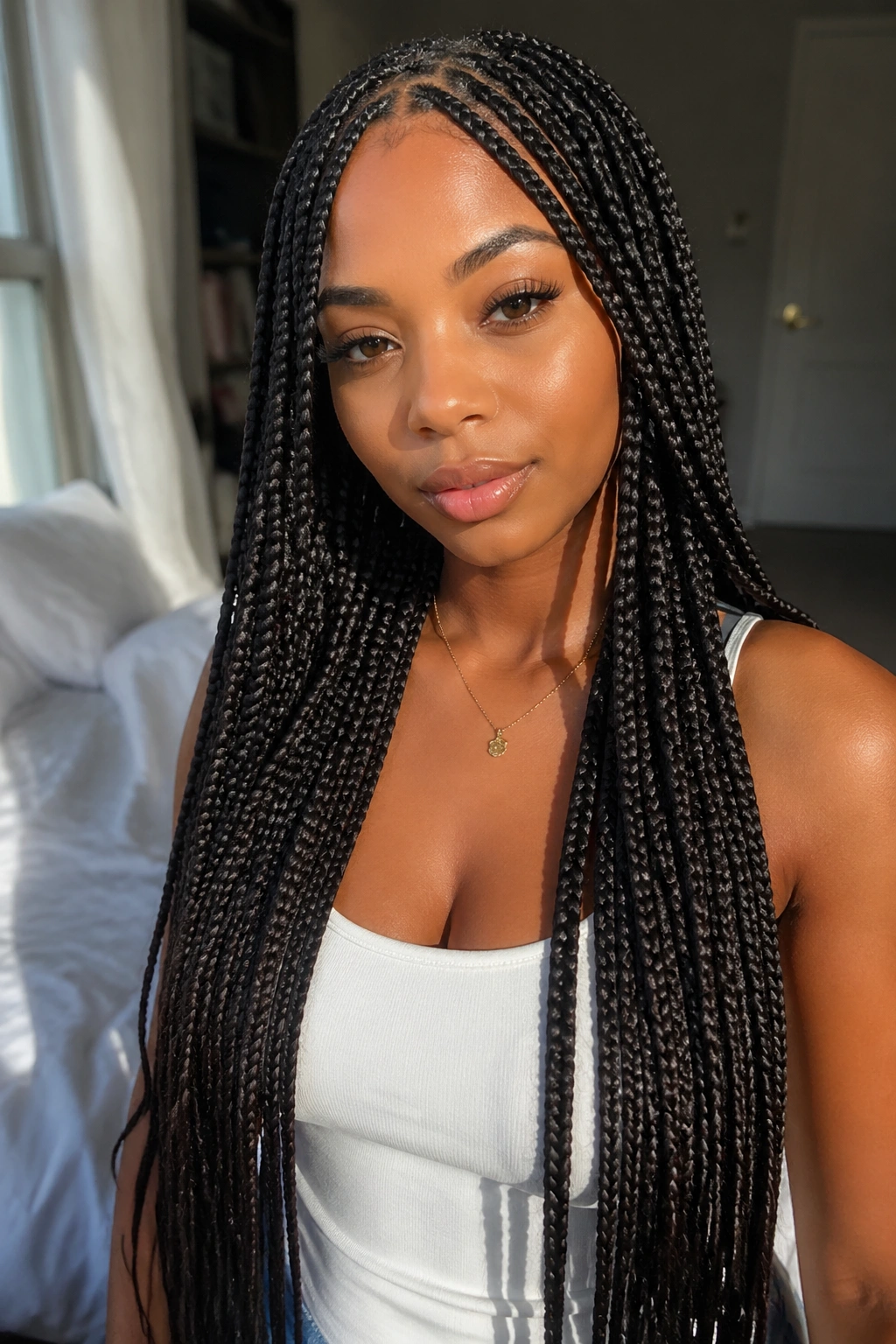 Close-up portrait of a real woman with waist-length box braids in warm window light