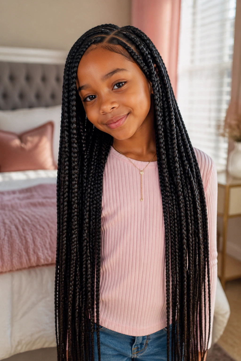 Close-up of a child with waist-length box braids in warm bedroom light