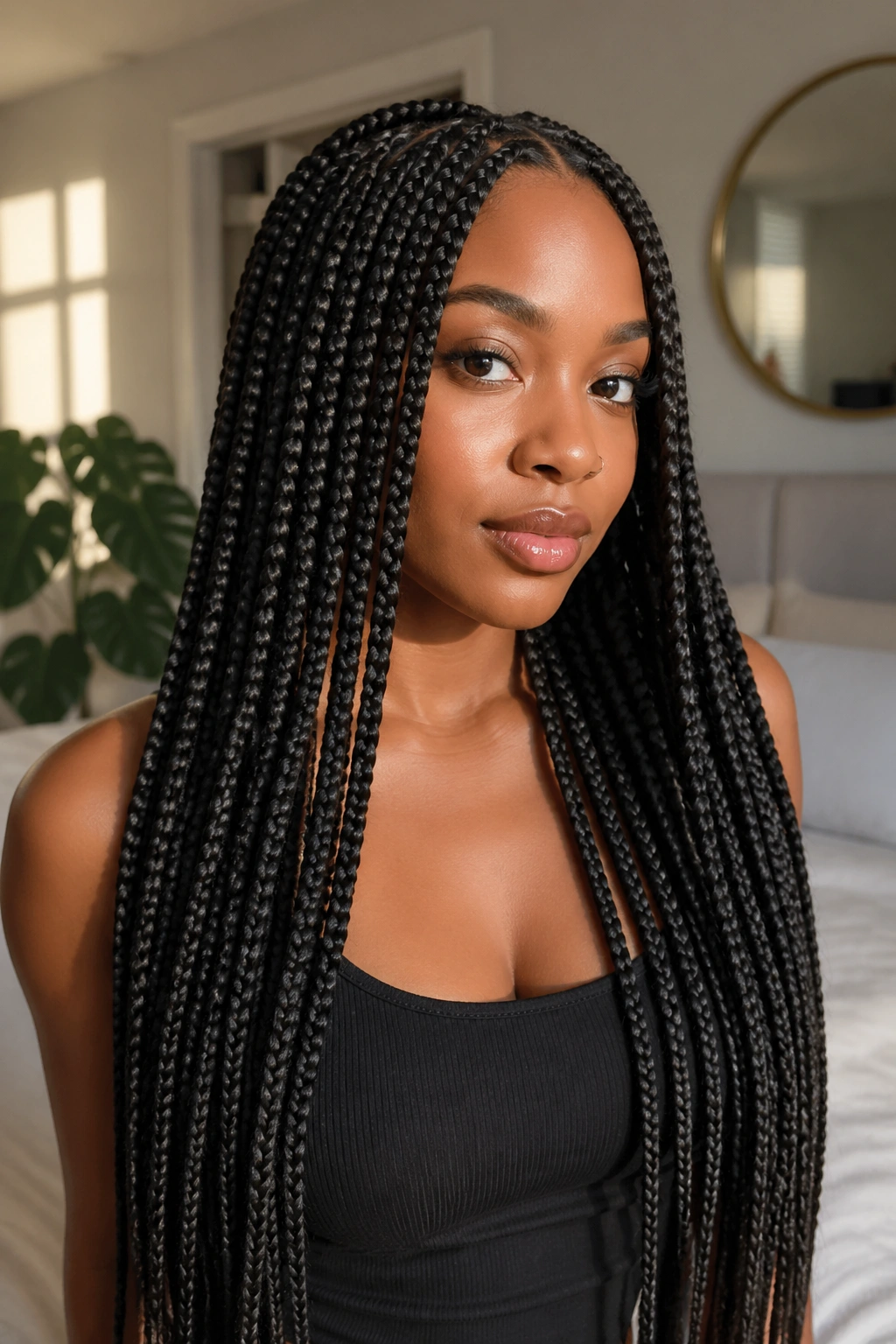 Close-up of waist-length box braids on a real person, hair dominating the frame