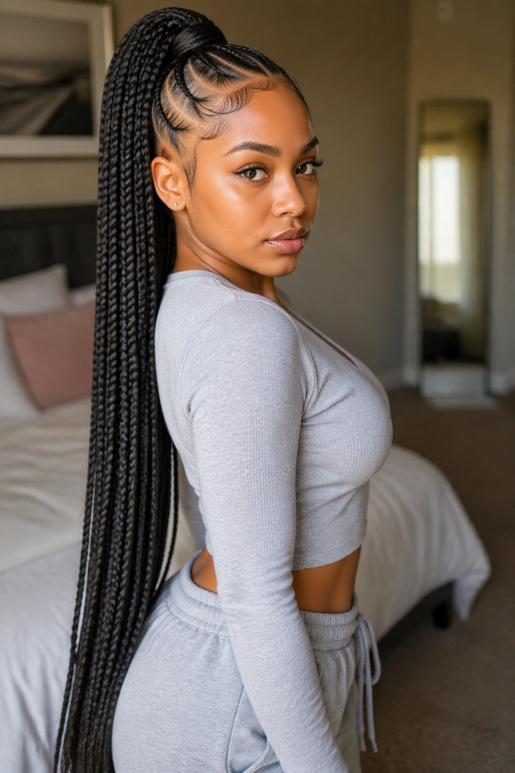 Close-up of a real woman with a waist-length feed-in braided ponytail and neat edges in warm window light