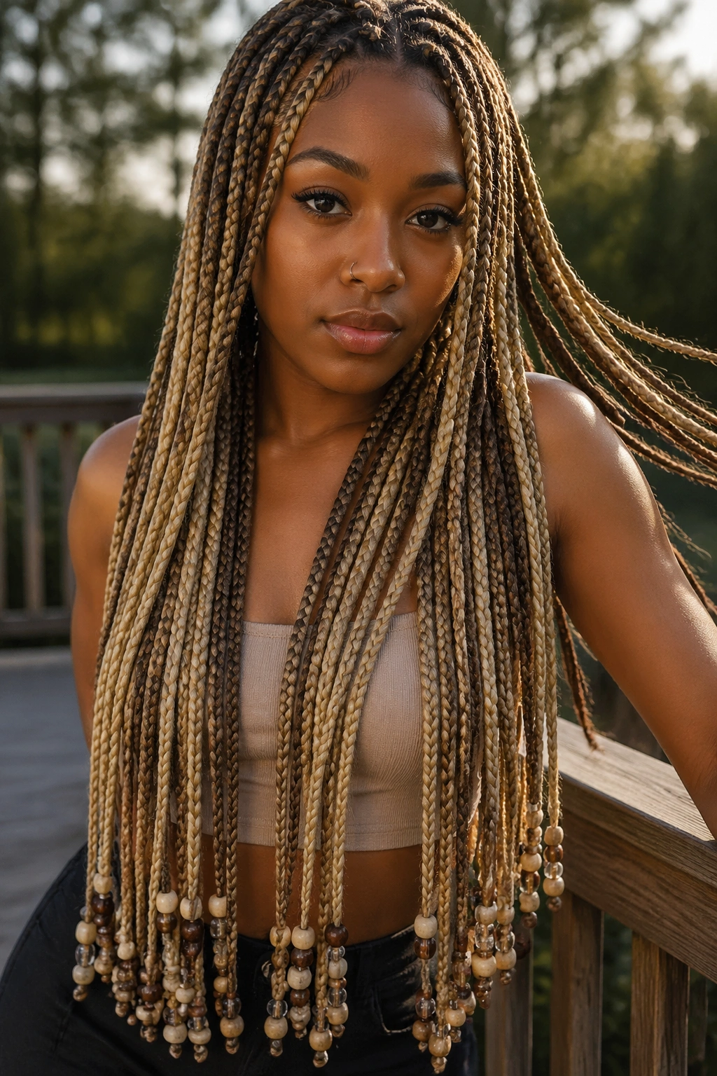 Close-up of a real woman with Mixed-Tone Waist-Length Braids and Beaded Ends