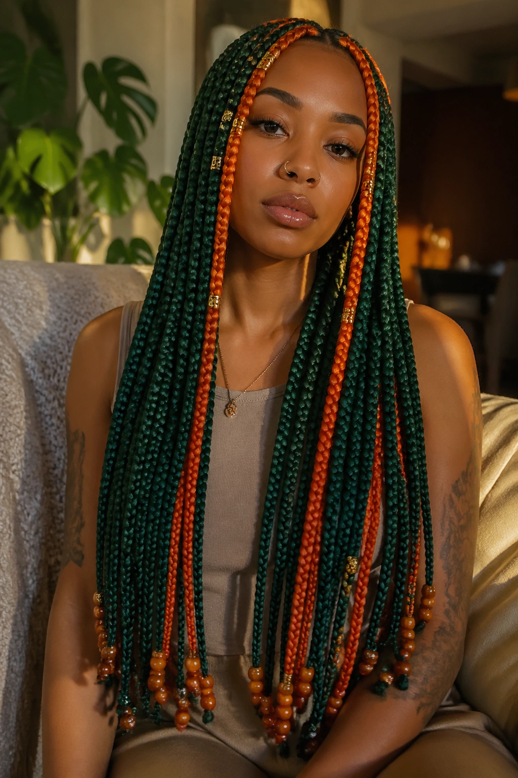 Waist-length green and orange box braids with beads and gold cuffs on a real person