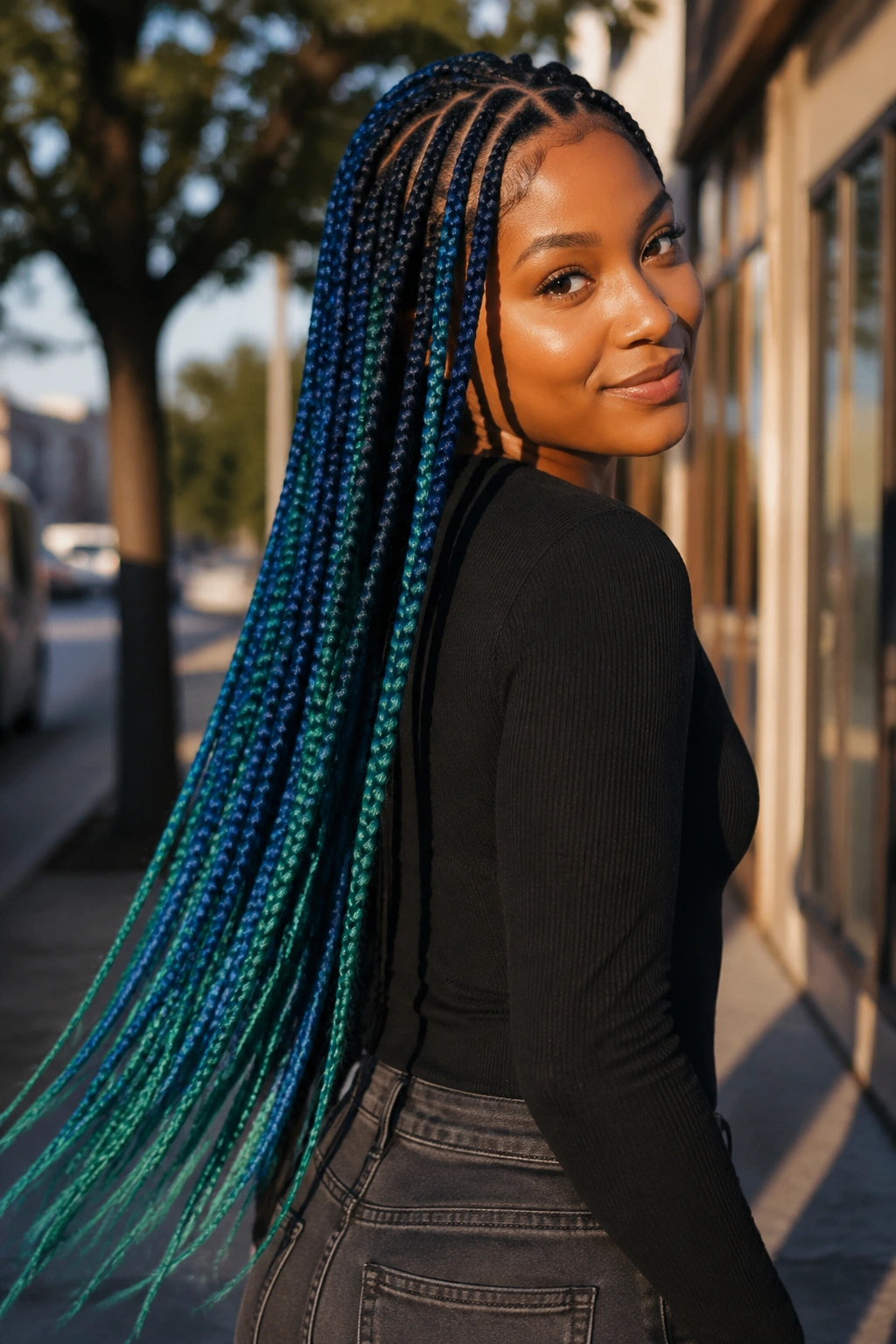 Portrait of a real person with waist-length cobalt and emerald box braids.