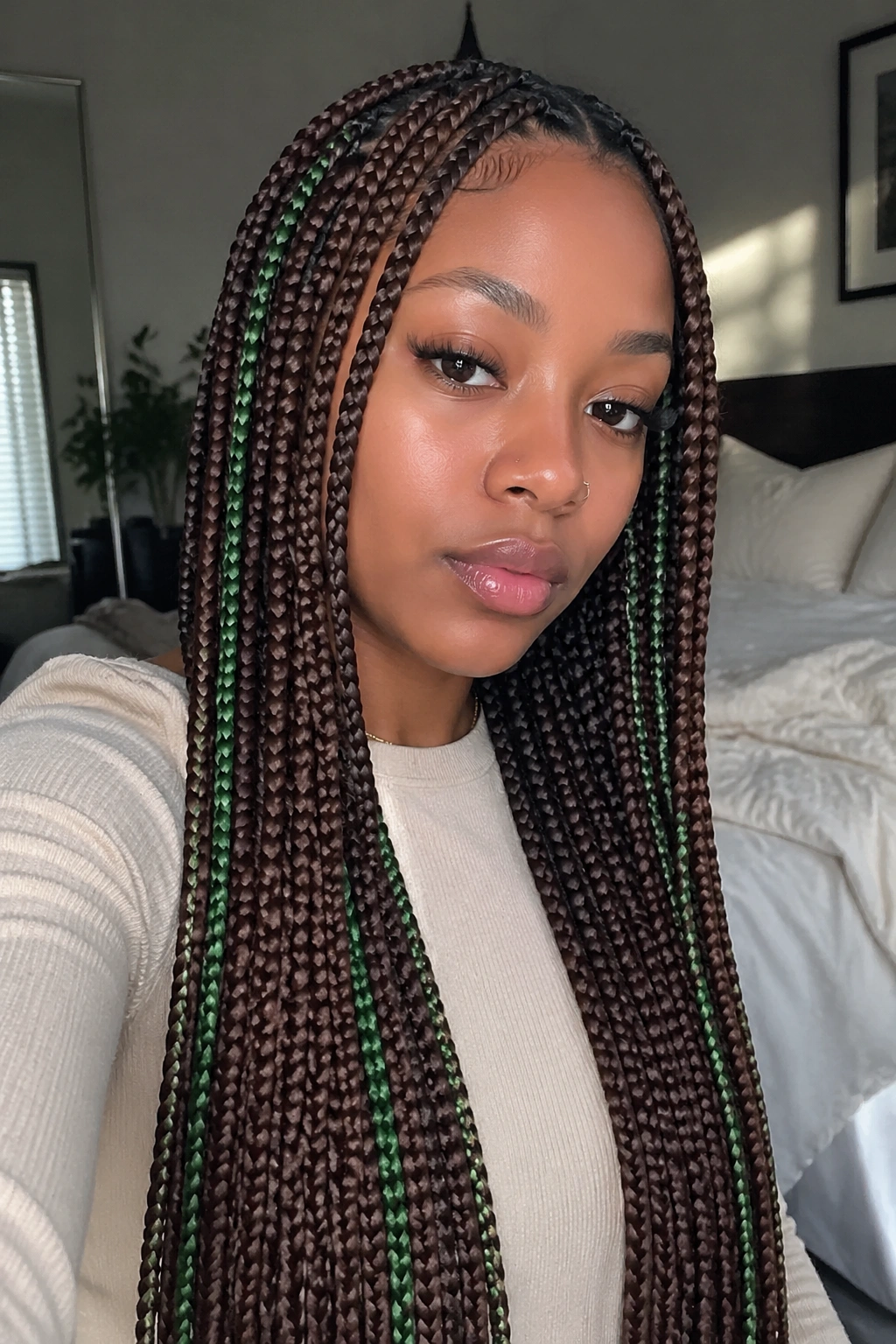 Close-up of a real person with waist-length brown braids and thin green accent plaits