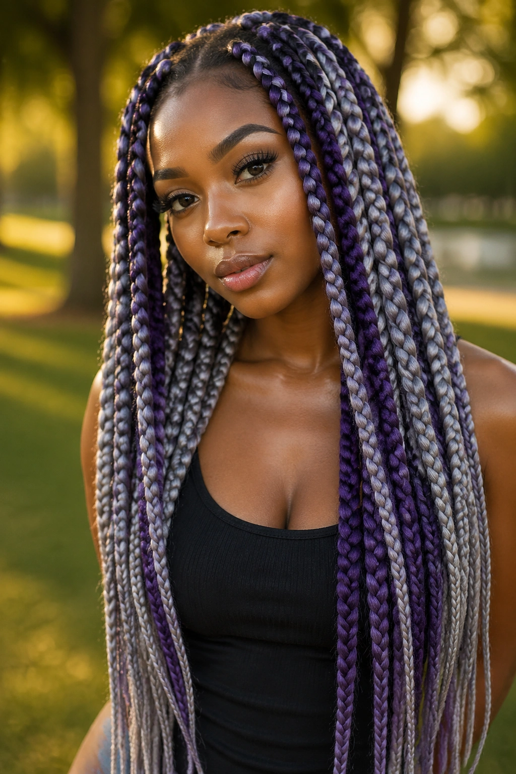 Real person with jumbo waist-length grey and purple box braids.