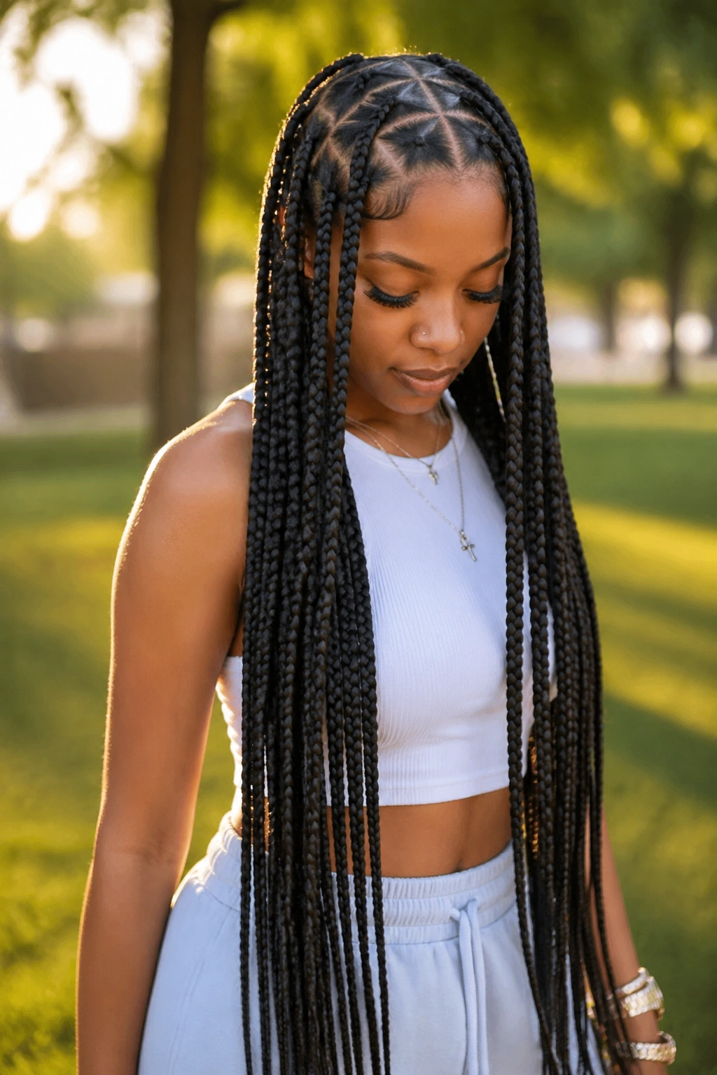 Close-up of real person with waist-length braids featuring tiny star grids near the crown.