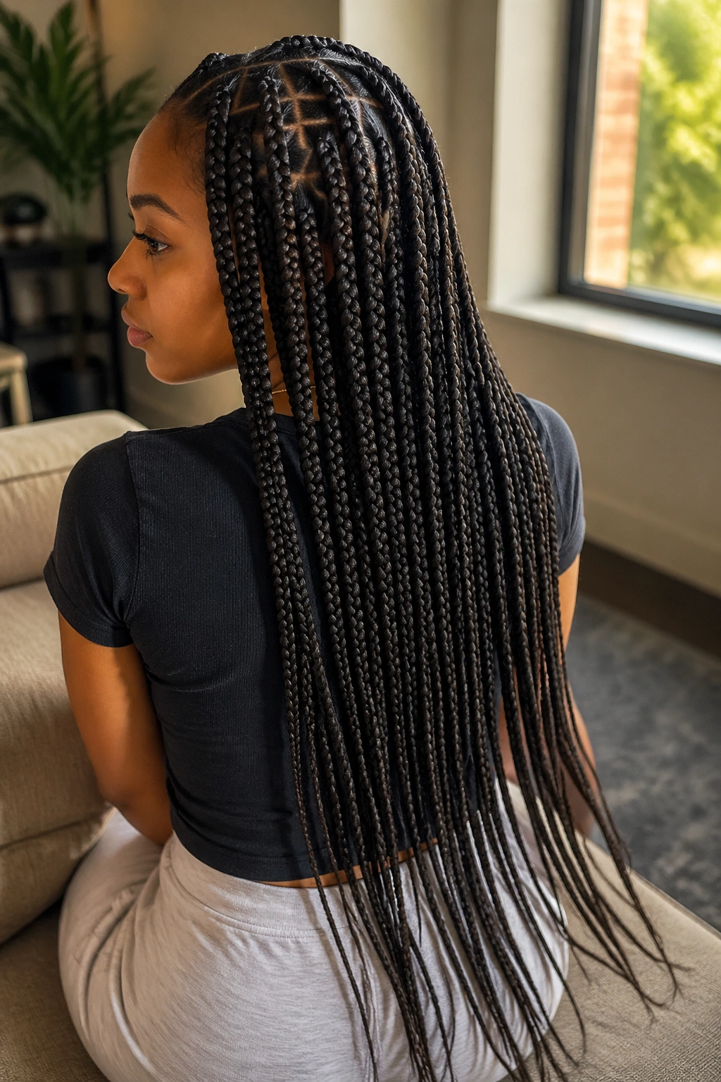Close-up of waist-length triangle-part box braids on a real person with visible triangular scalp parts