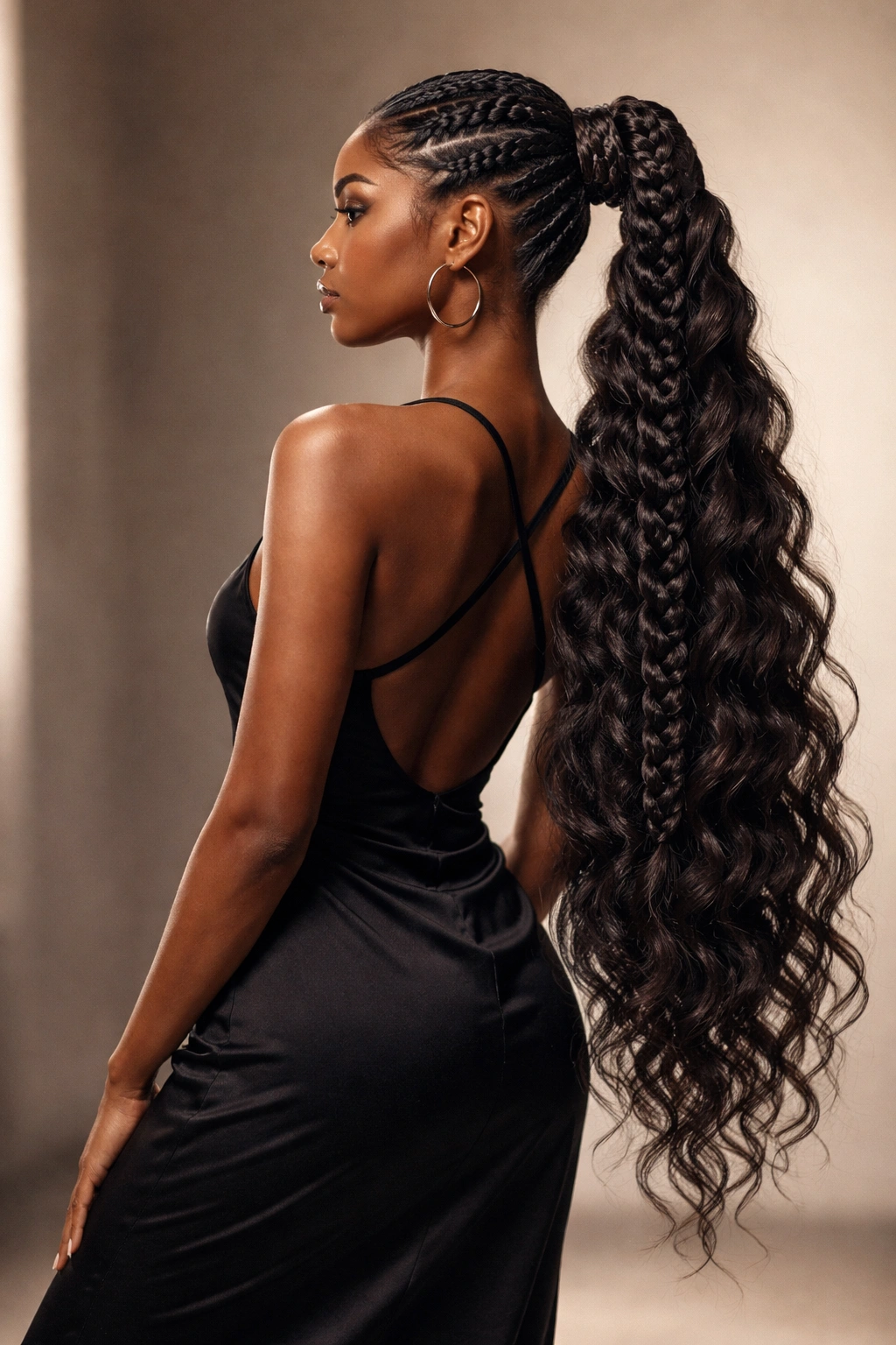 Waist-length butterfly braid ponytail flowing into a thick ponytail