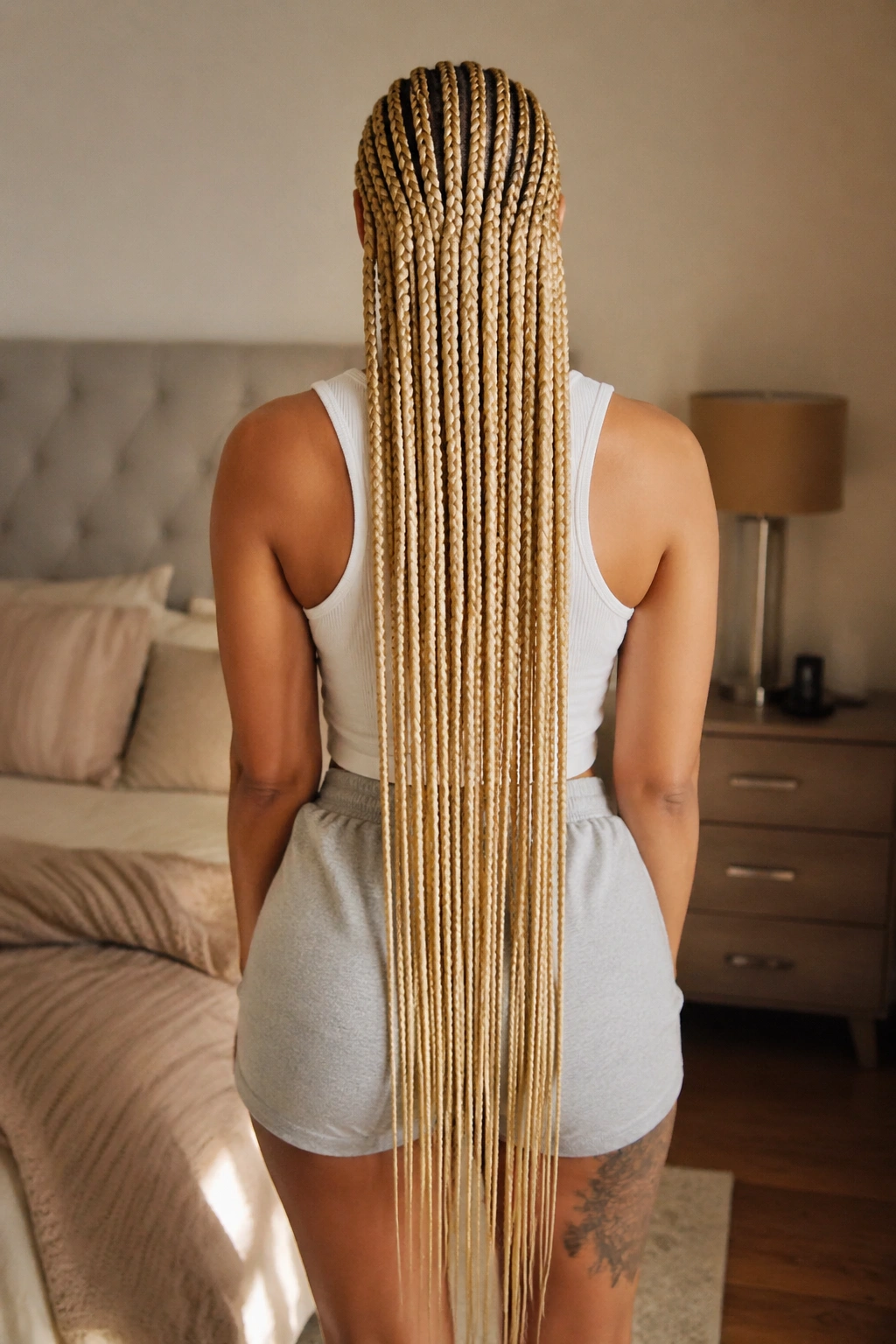 Back-of-head portrait of waist-length blonde feed-in cornrows on a real woman, soft natural light