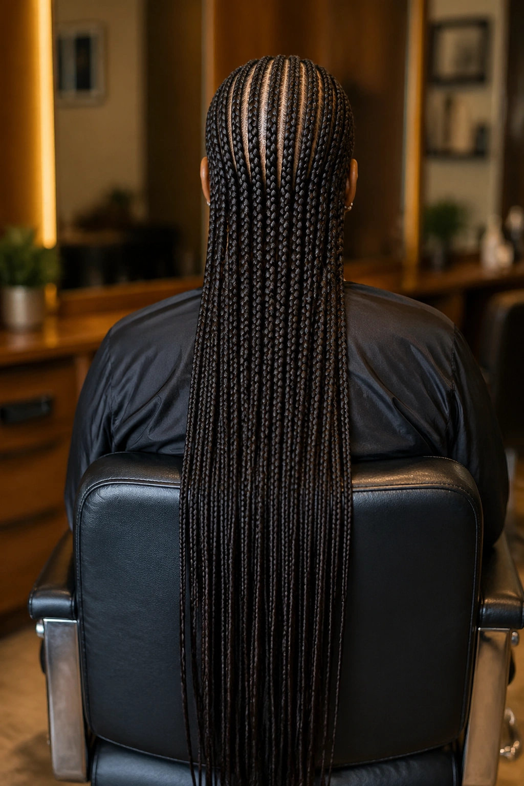 Back view of a real person with waist-length extensions forming a straight-back cornrow silhouette
