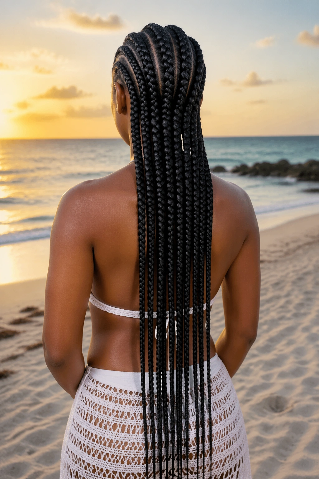 Back view of waist-length cornrows on a beach.