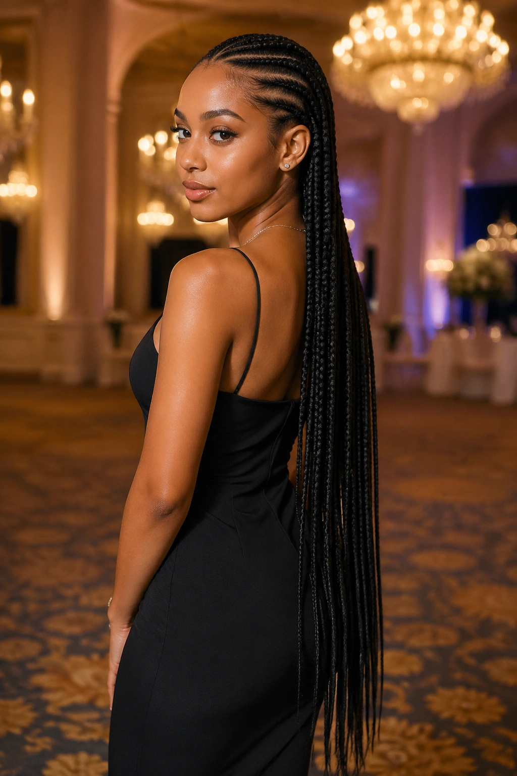 Close-up of waist-length kanekalon cornrows
