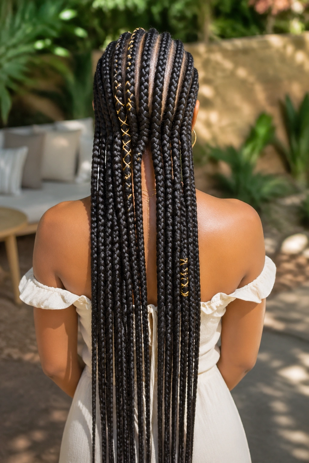 Back-of-head view of waist-length cornrows with asymmetrical gold-wrapped braids in a garden setting