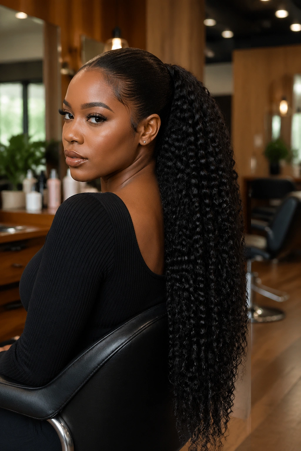 Close-up of a real Black woman wearing a waist-length curly extension ponytail blending with natural hair