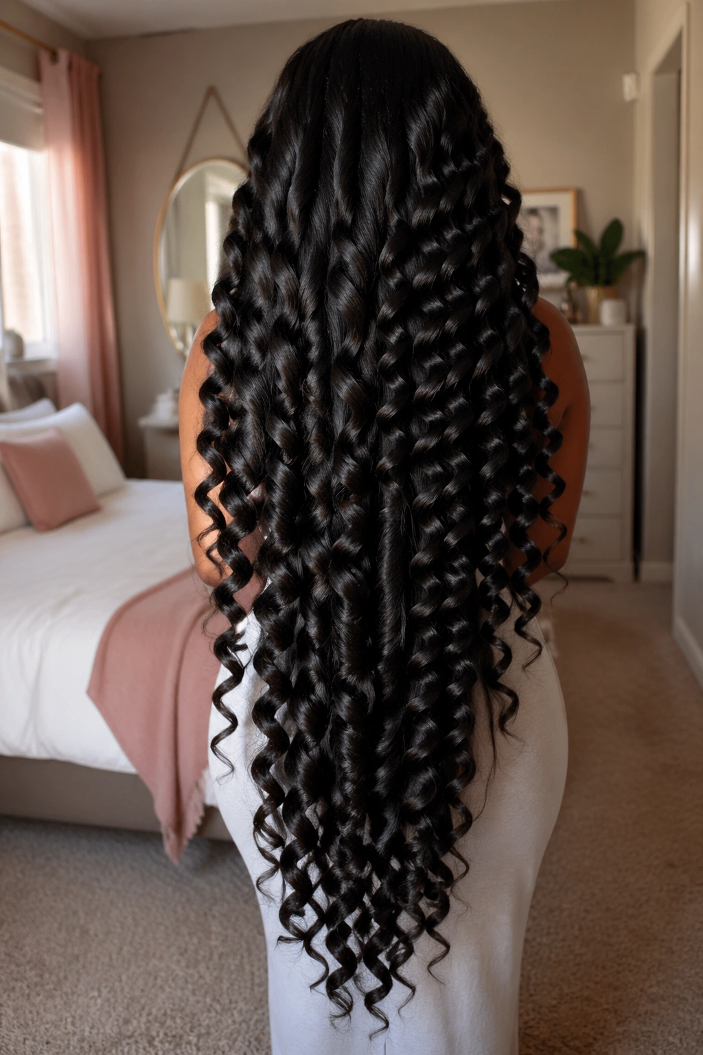 Back view of waist-length hair in large flexi-rod spirals on a real person.