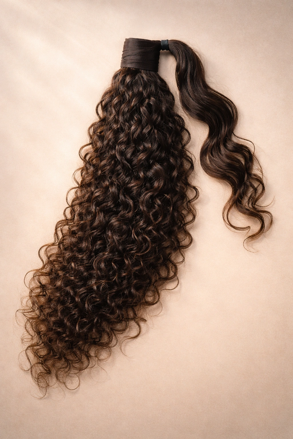 Long waist-length curly ponytail extension laid out on pale background.