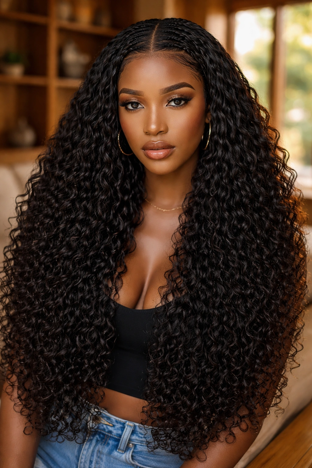 Real person with waist-length middle-part curly weave no layers