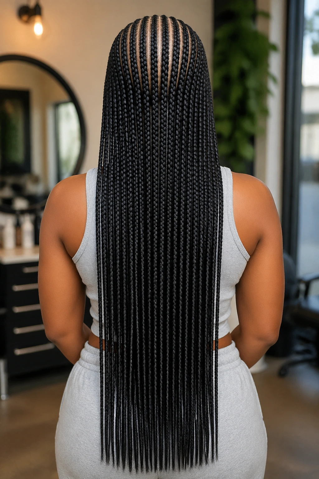 Back view of a real person with waist-length feed-in cornrows and sealed tips