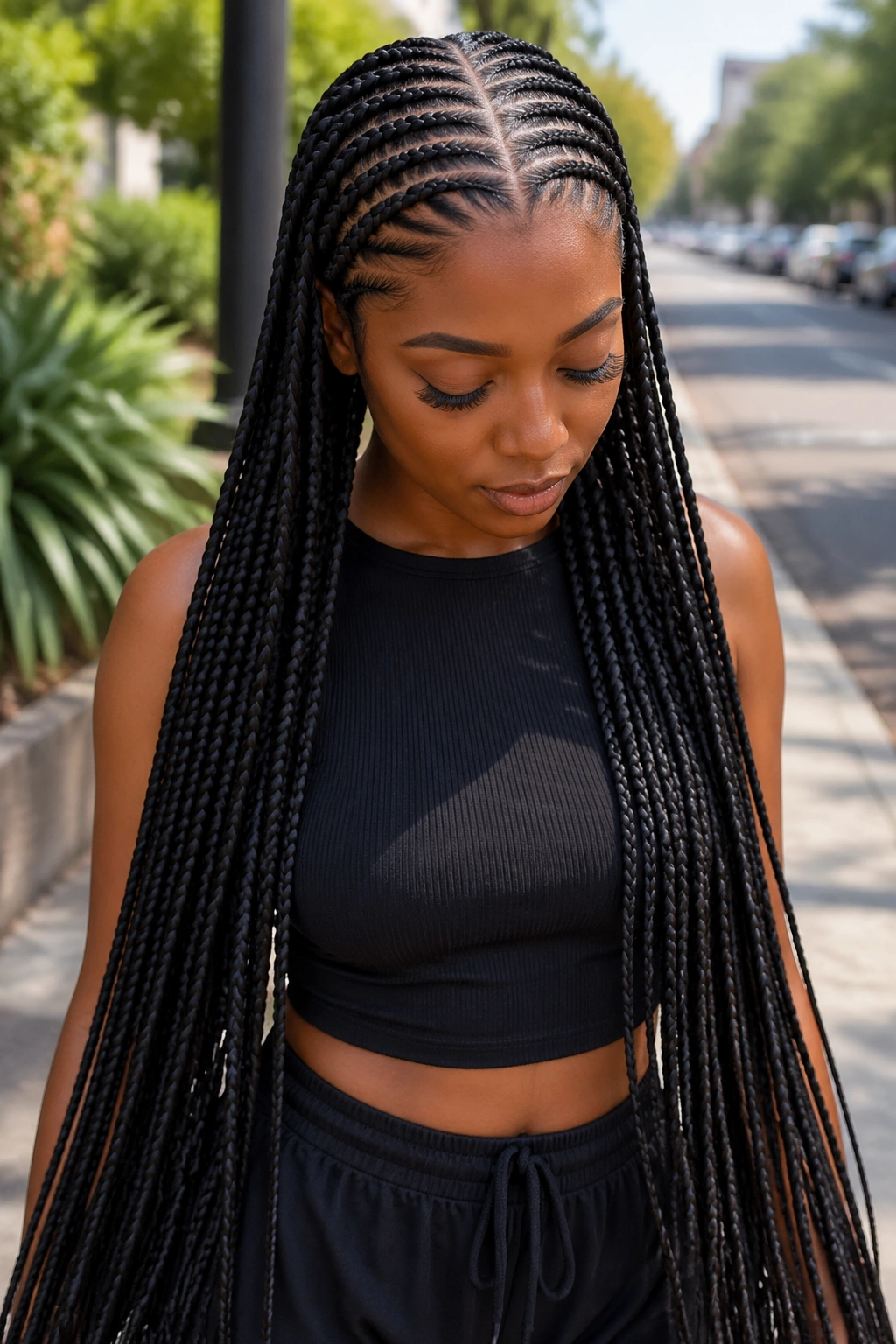 Real person with waist-length fishbone braids cascading down
