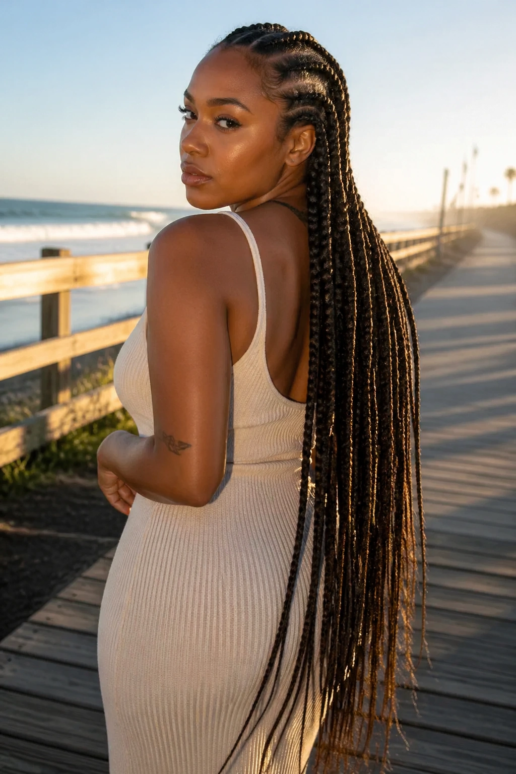 Portrait of a real woman with waist-length Ghana cornrows cascading over the shoulder