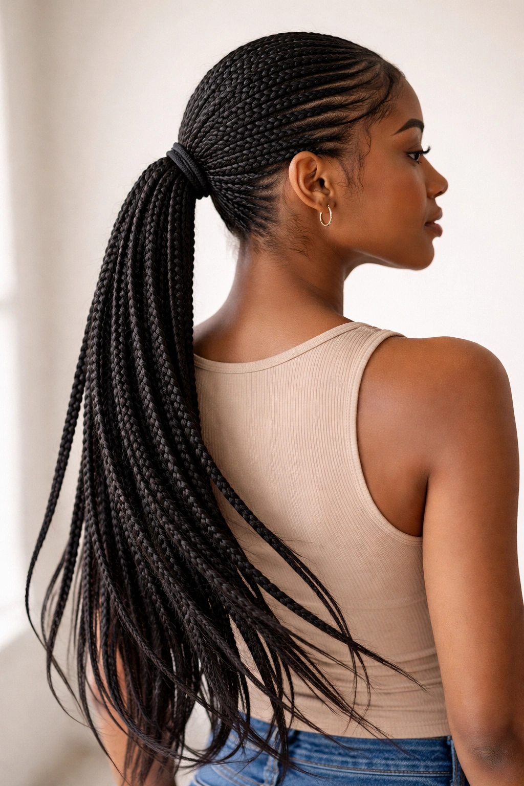 Waist-length low knotless braid ponytail swinging behind head