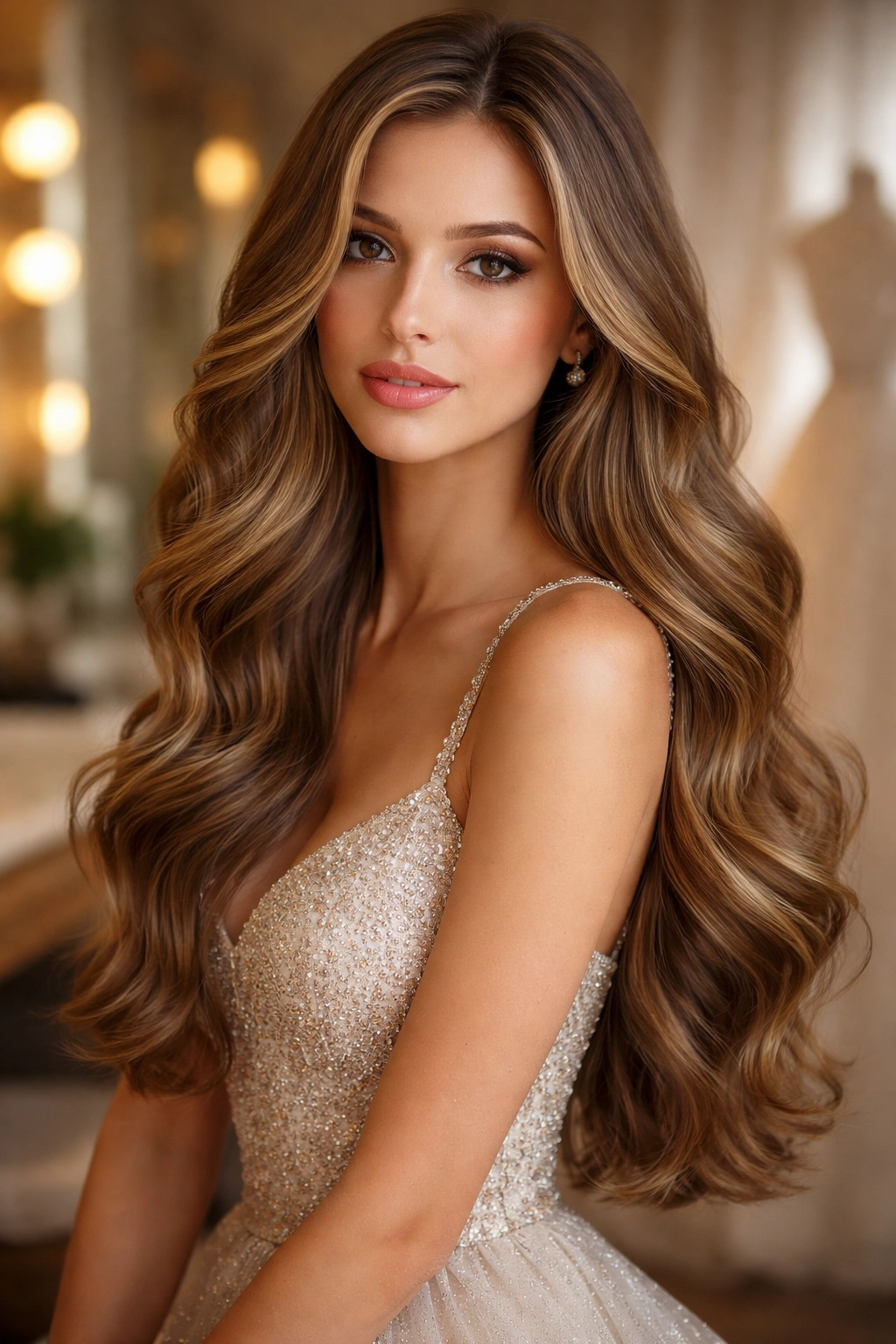 Close-up of a woman with waist-length layered waves cascading over one shoulder