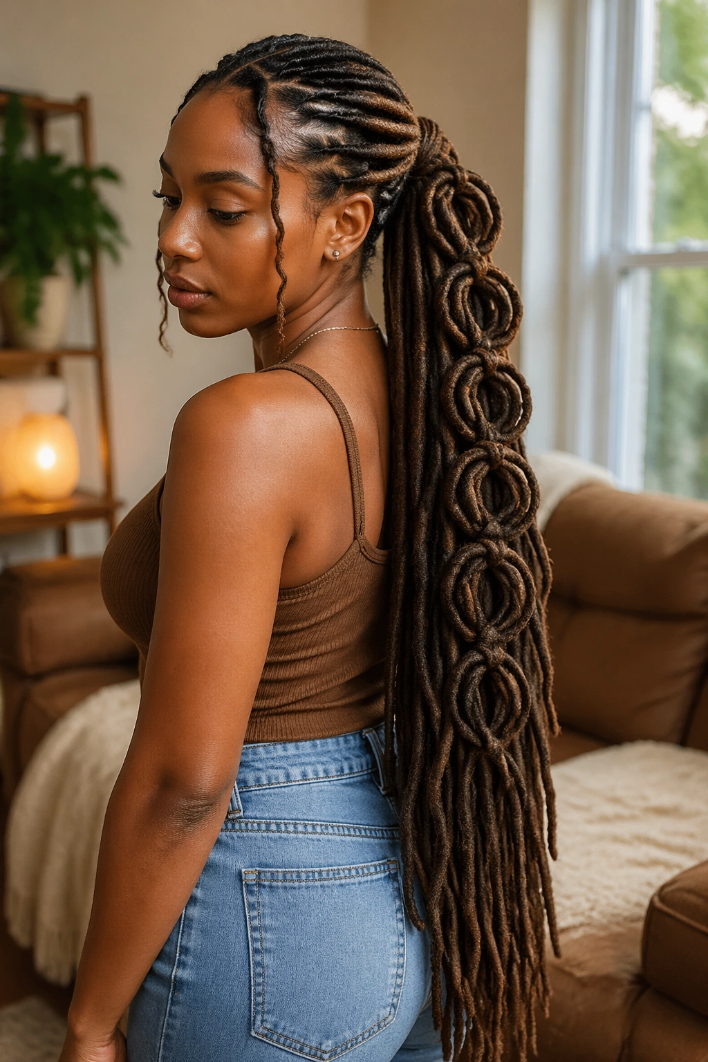 Close-up of a real woman with waist-length locs in a butterfly braid ponytail under soft window light