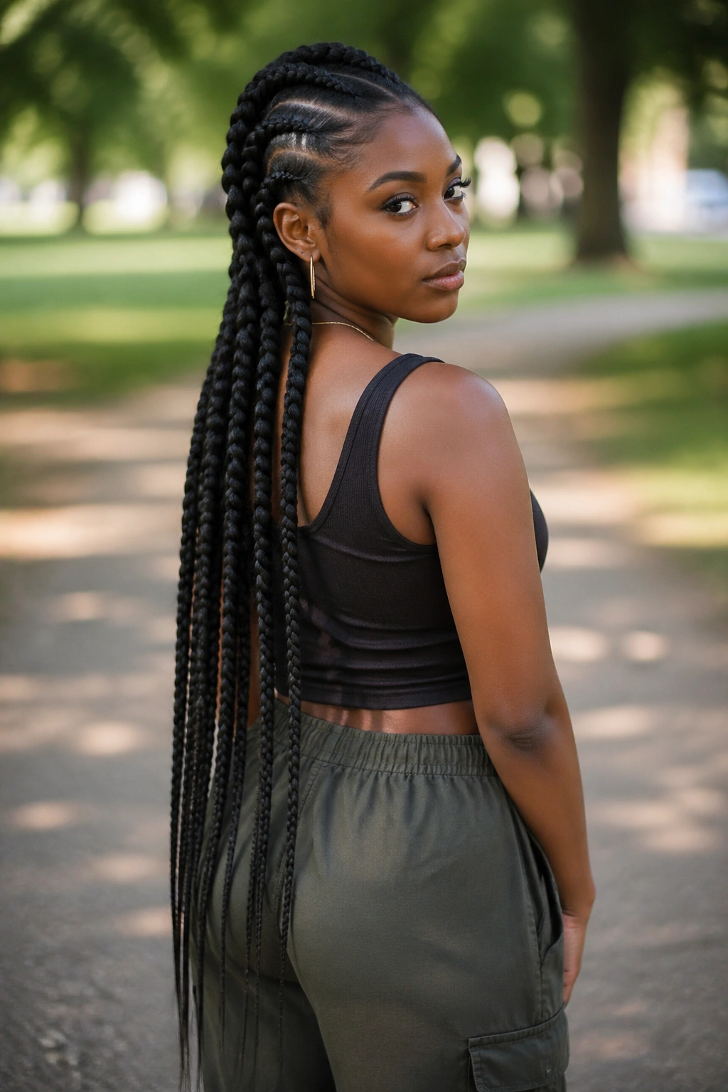 Real woman with waist-length Marley cornrows outdoors