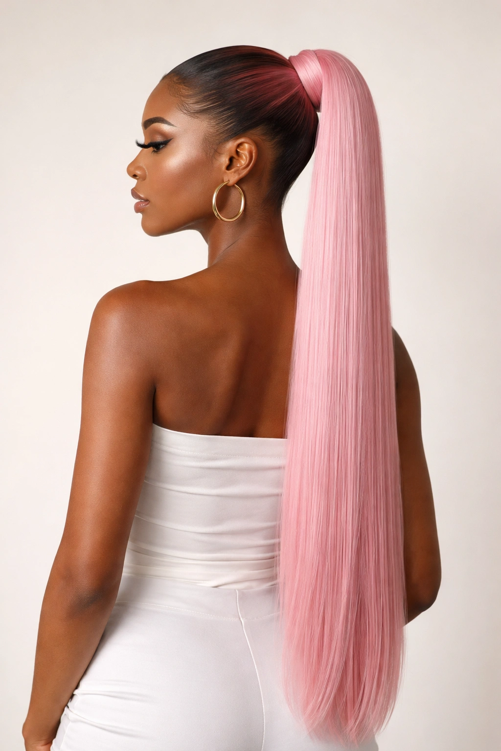 Waist-length pastel pink straight ponytail with clean wrap