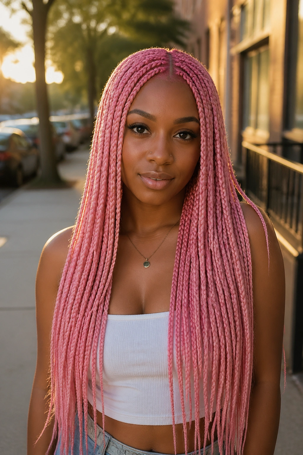 Close-up portrait of a real woman with waist-length pink box braids and a center part.