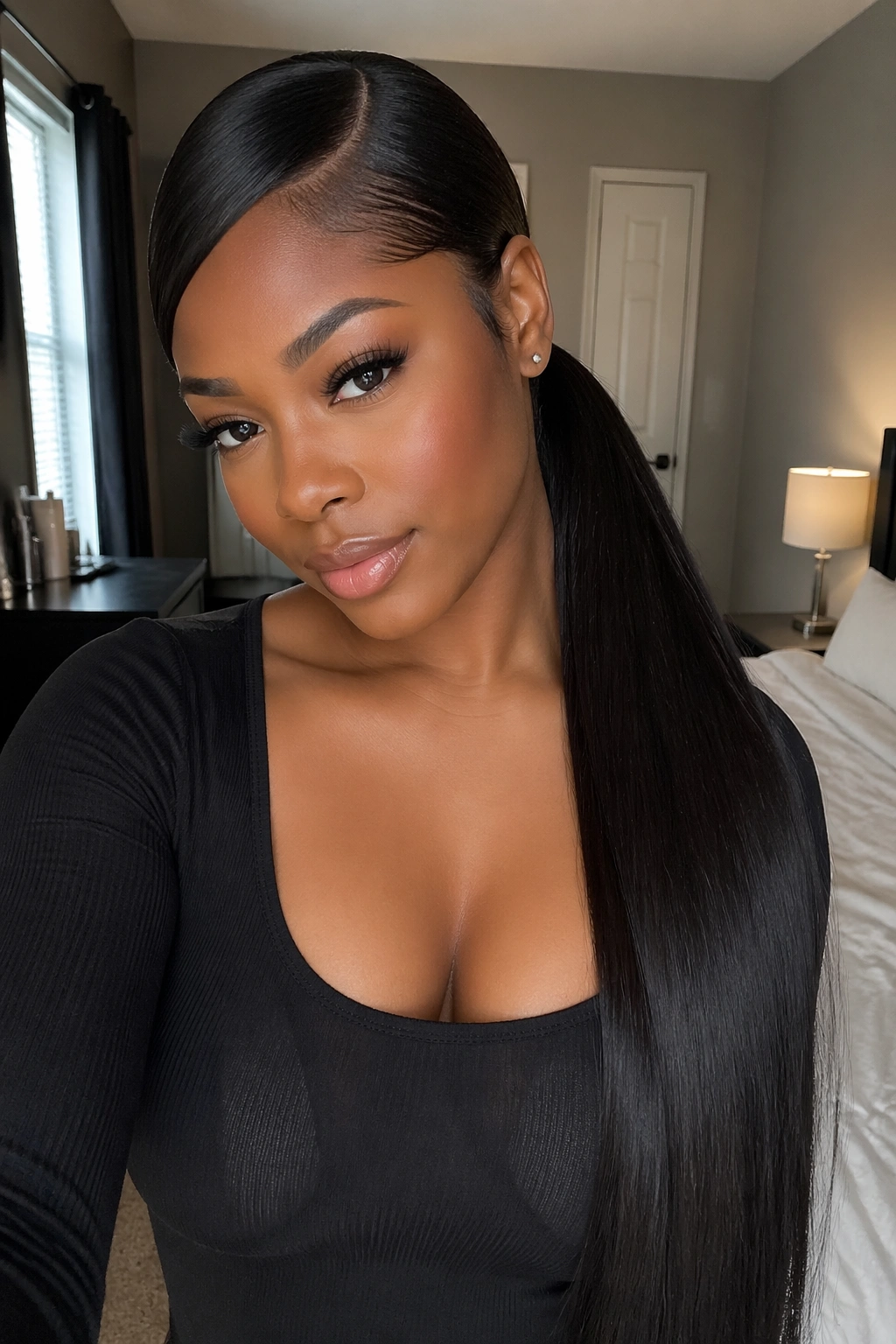 Portrait of a real Black woman with a waist-length straight side-part ponytail and sleek shine