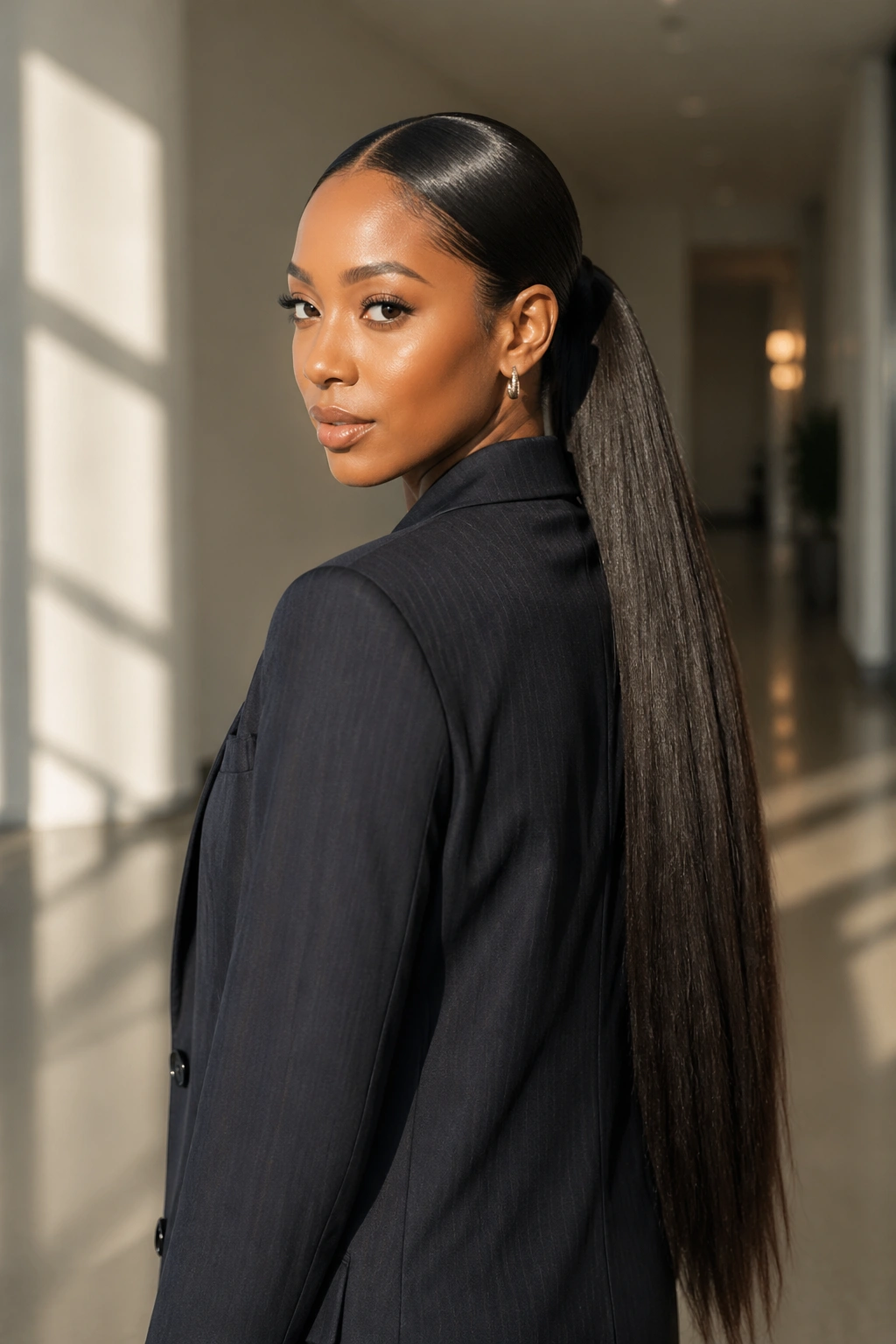 Close-up of a real Black woman with waist-length straight middle part ponytail