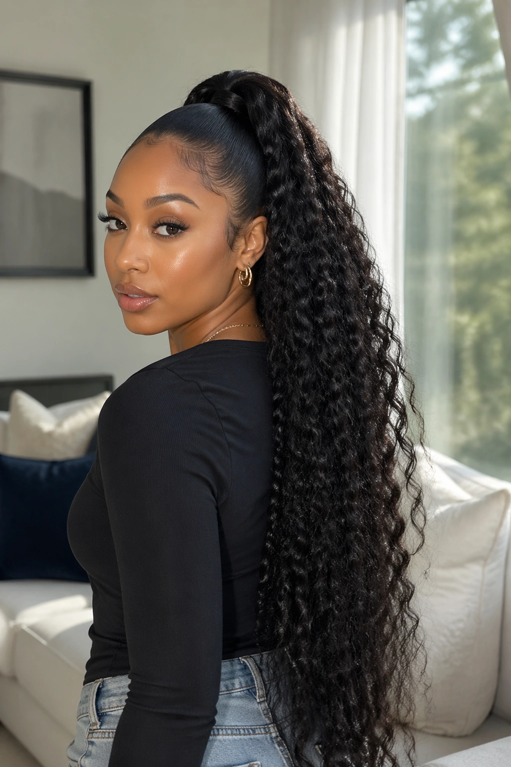 Close-up portrait of a real person with waist-length curly ponytail
