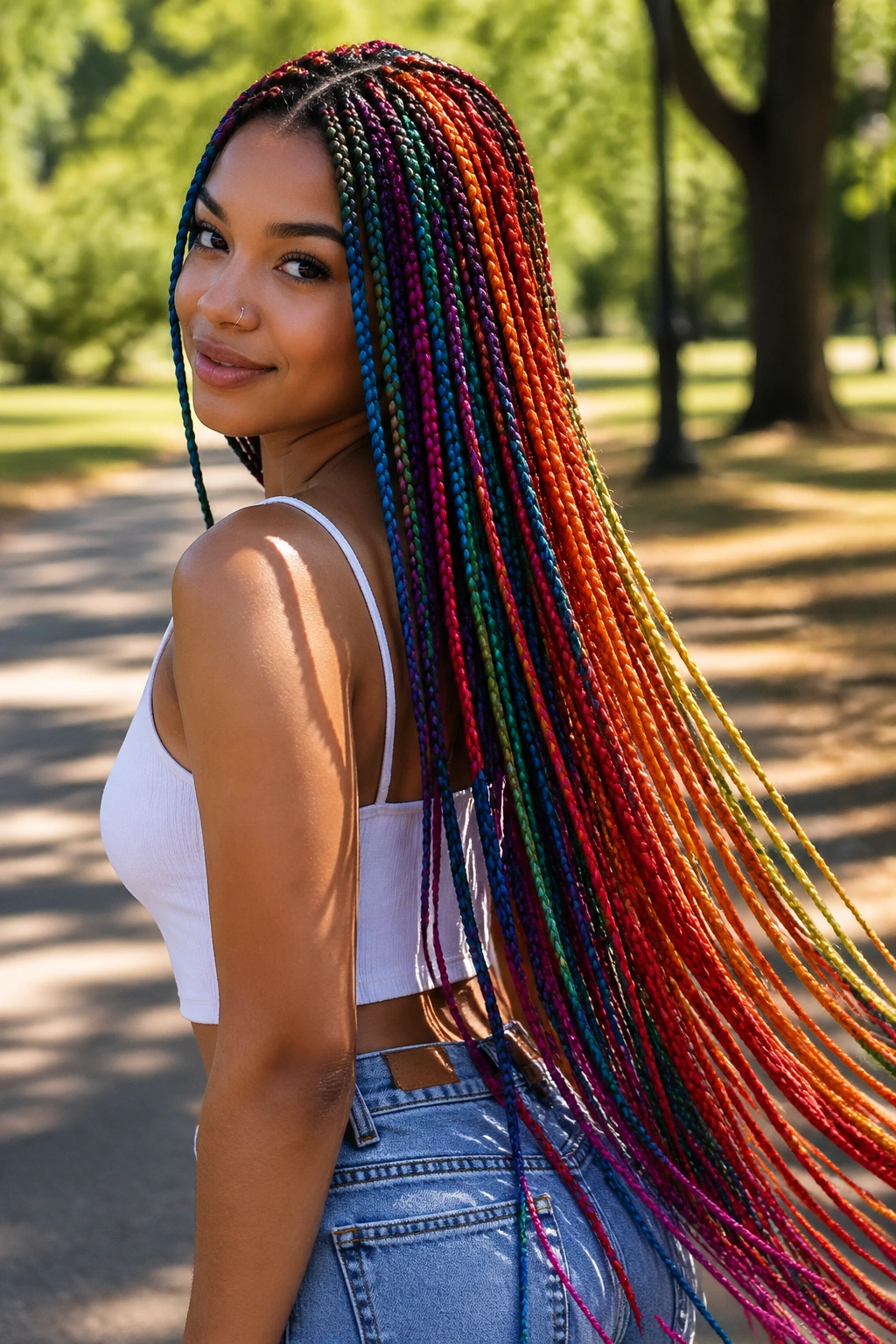 Medium close-up of a real person with waist-length rainbow box braids outdoors