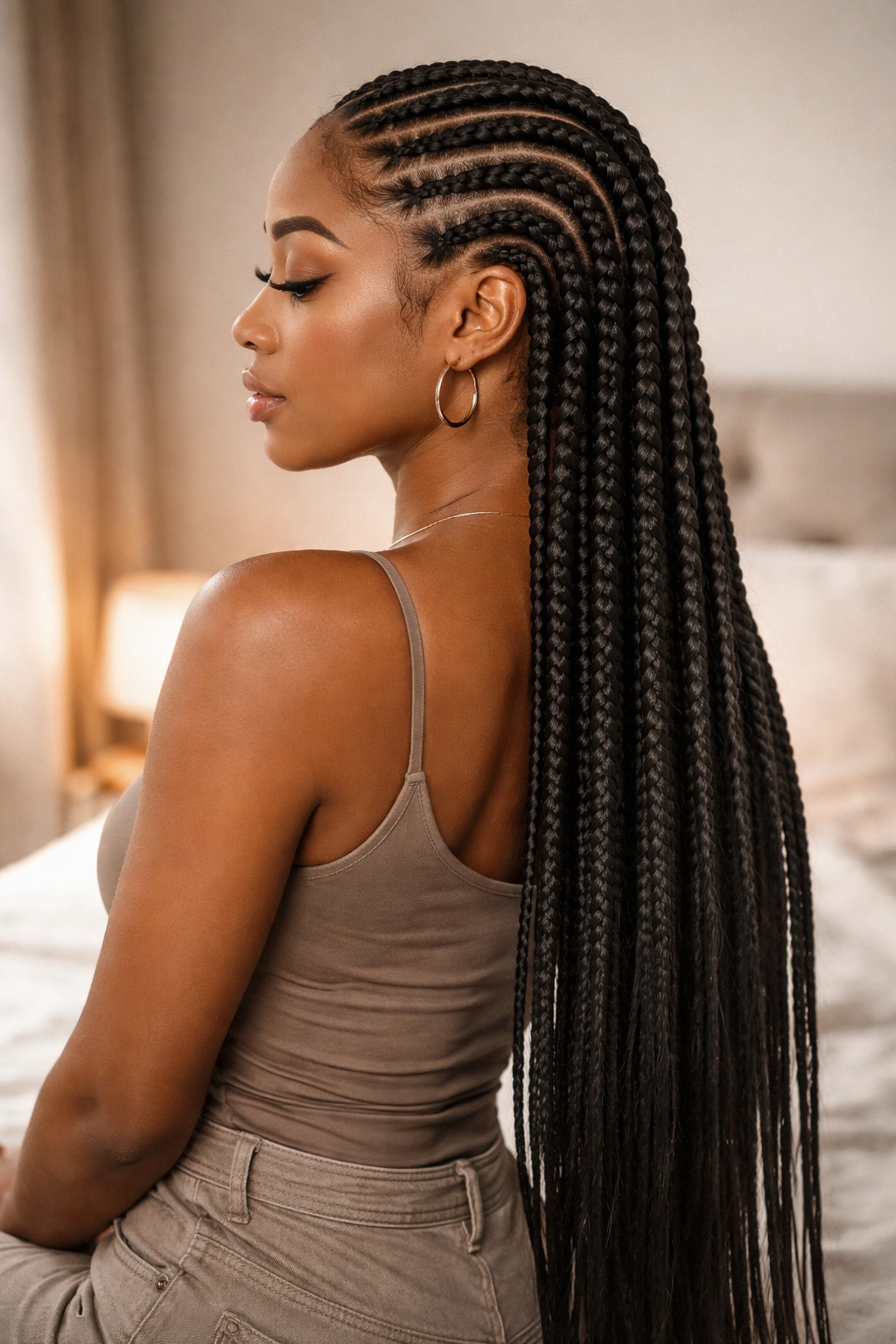 Side profile of a real woman with waist-length stitch cornrows and kanekalon extensions