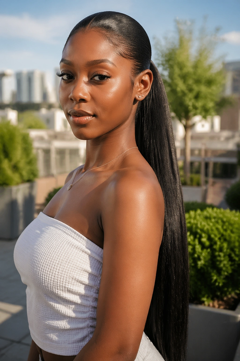 Black woman with bone-straight waist-length ponytail in sunlit rooftop