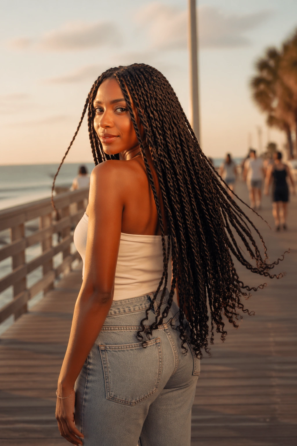 Waist-length twists with flipped ends swaying on a golden-hour outdoor boardwalk.