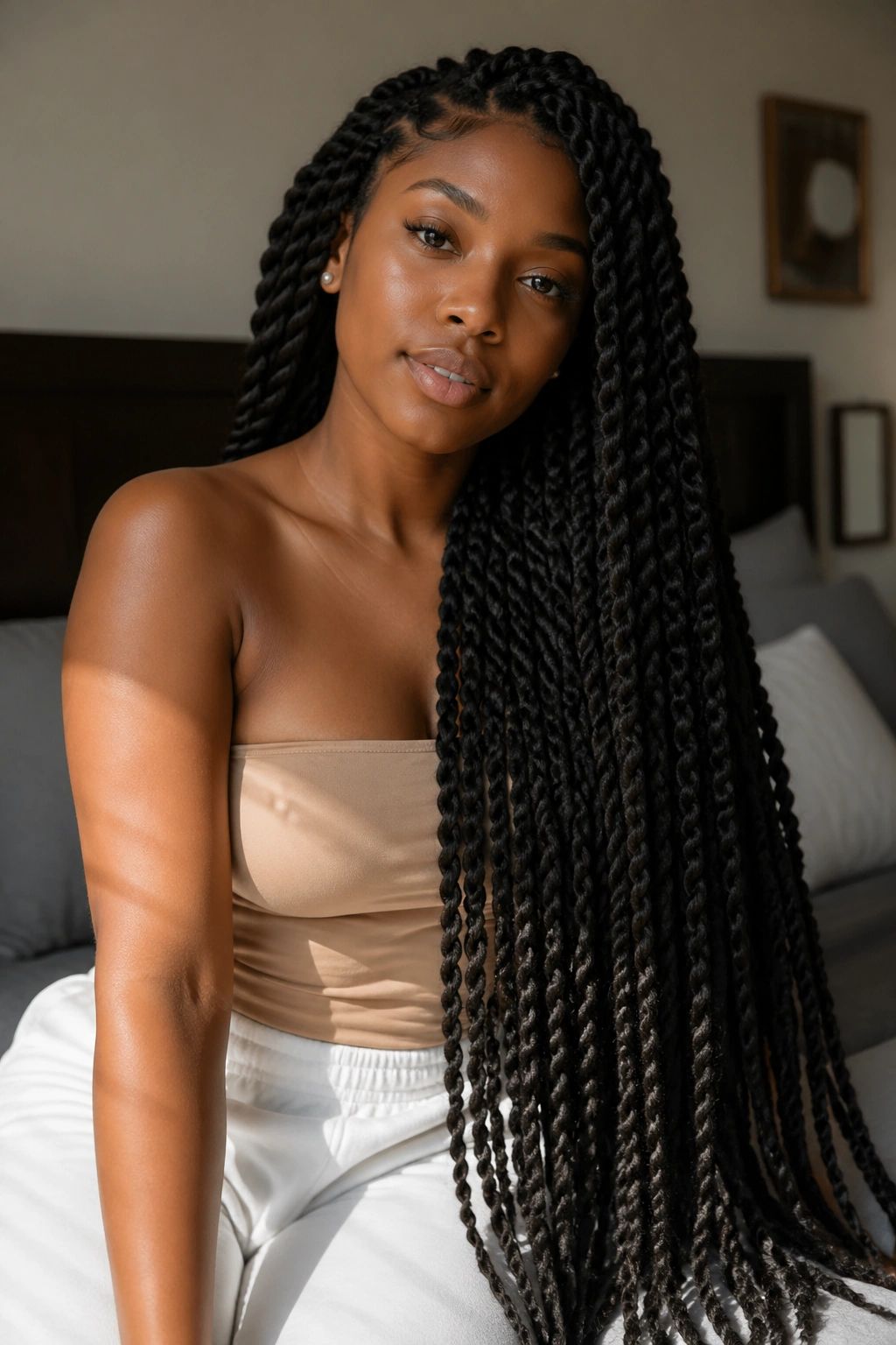 Close-up of waist-length twist braids on a real person in a cozy room