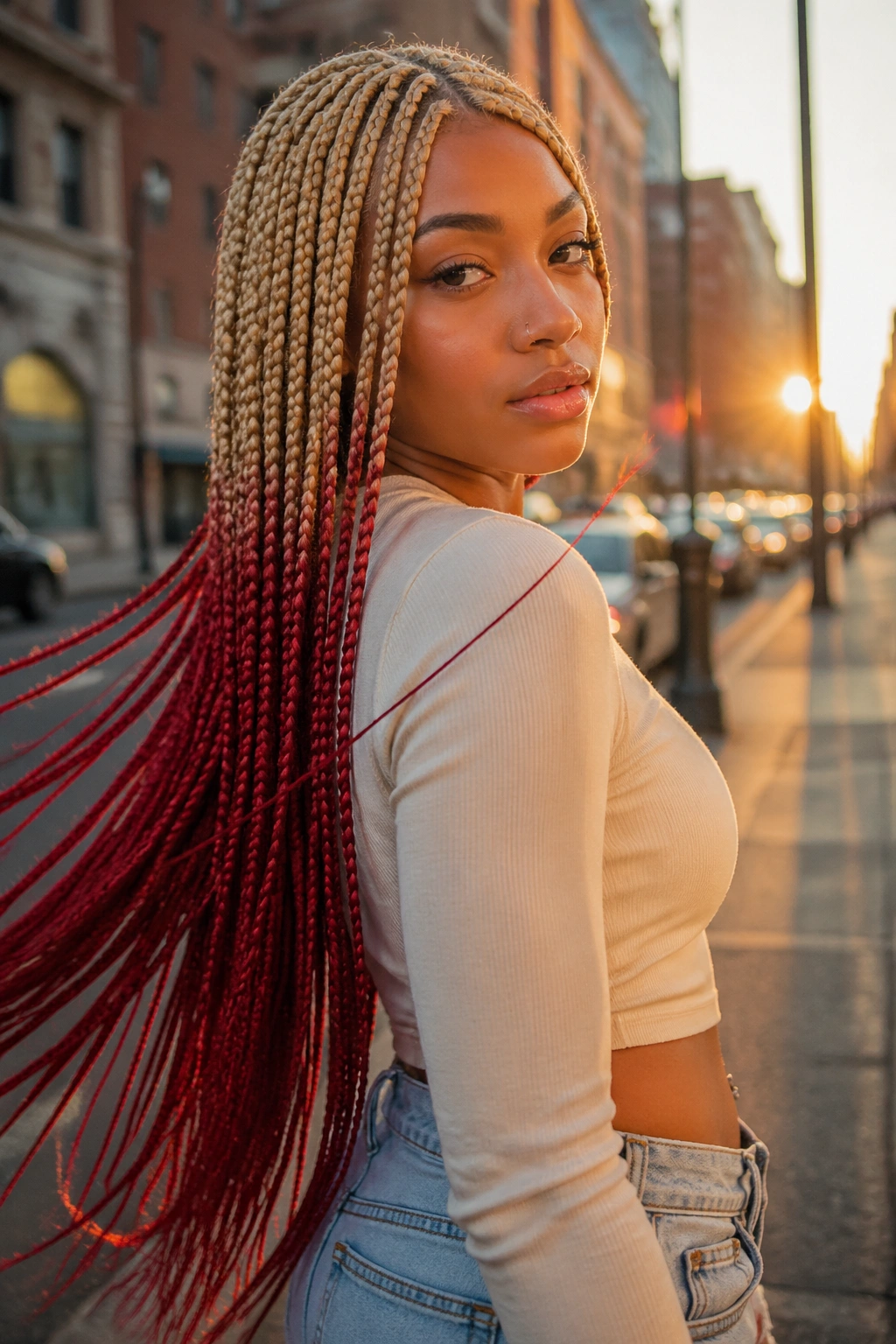 Real person with waist-length two-tone box braids outdoors