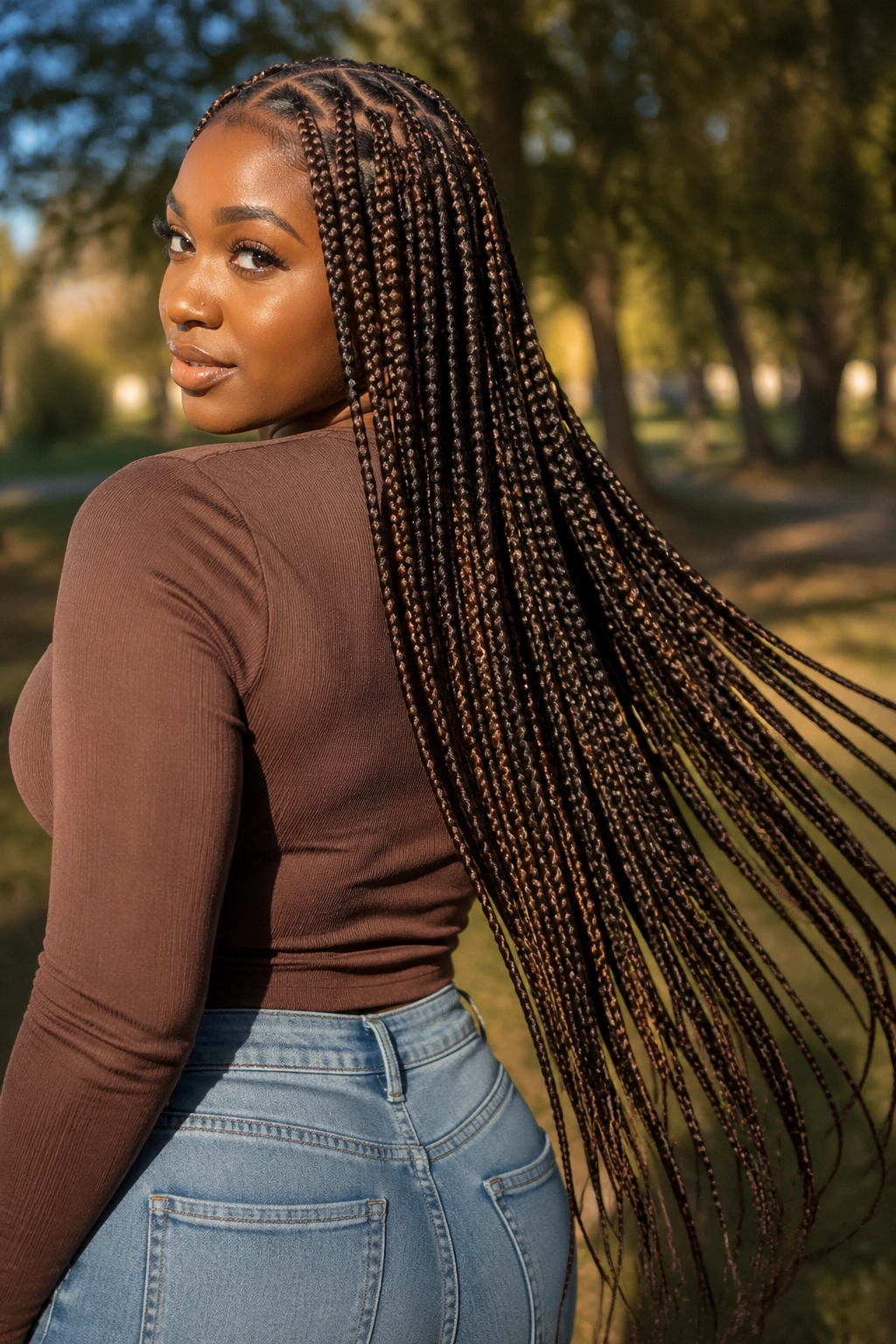 Close portrait of a real woman with waist-length zigzag box braids, long strands flowing