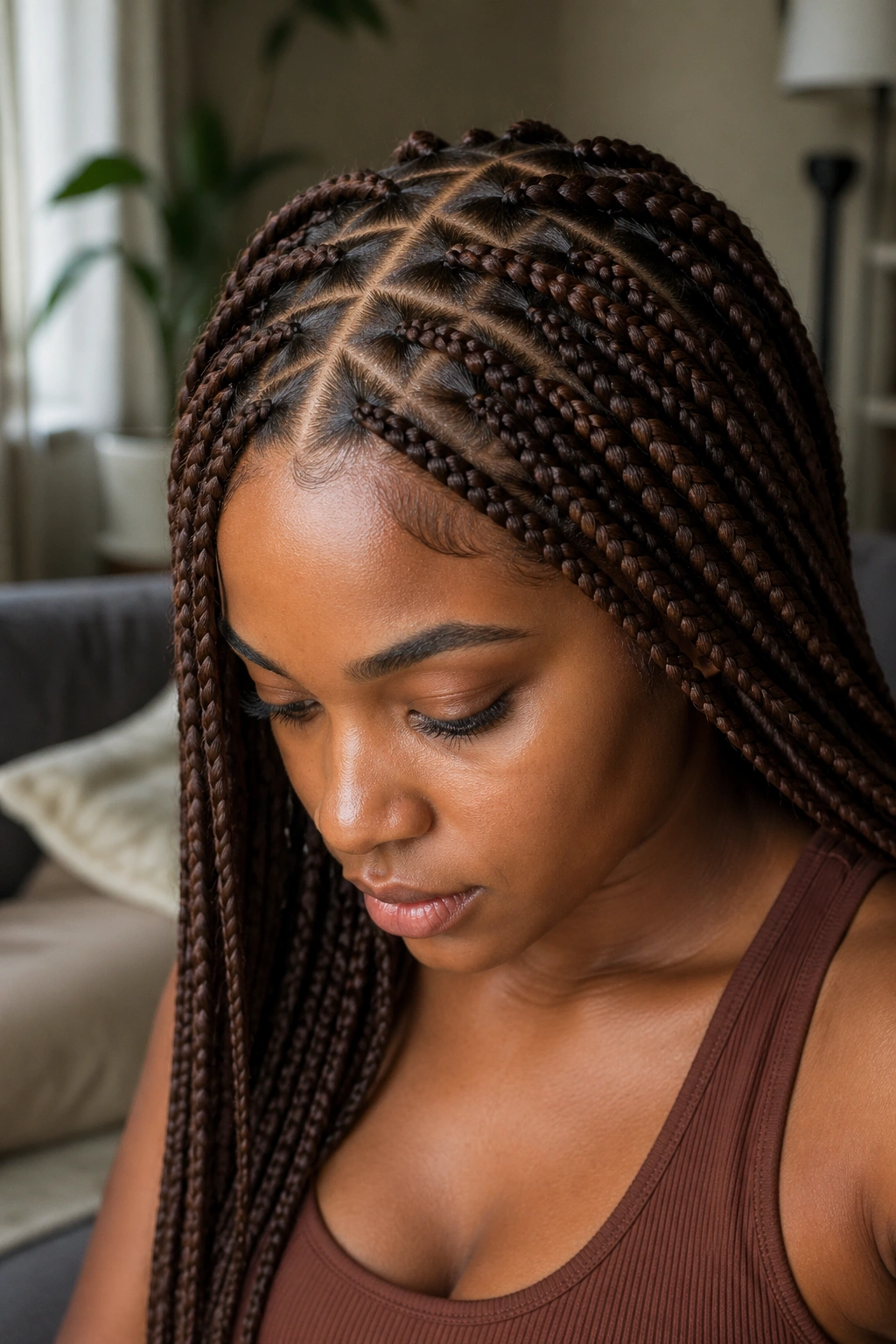 Real woman with walnut brown box braids and triangle parts.